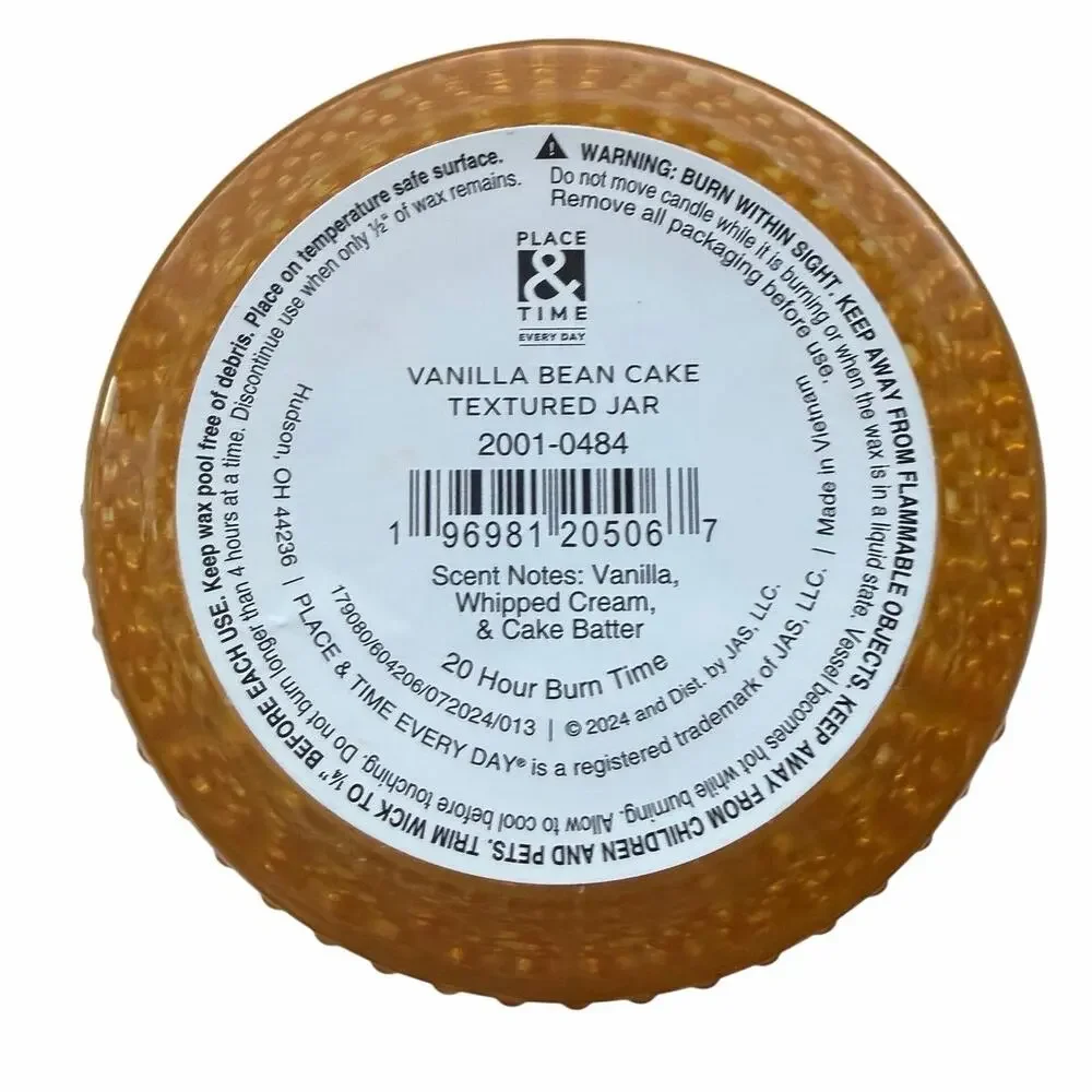 Place & Time Vanilla Bean Cake 4.9oz Scented Candle Hobnail Textured Glass Jar